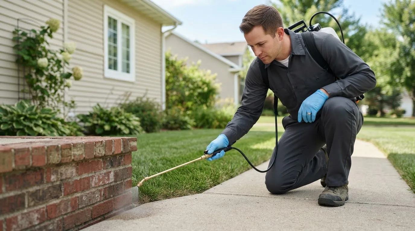 Pest control technician treating a home near Robertsville, MO